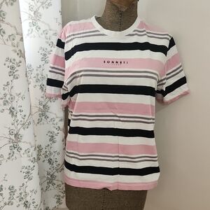 Women's Striped Short Sleeve Tee - Pink and Black